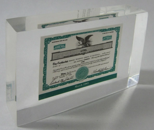 Vintage GTEL General Telephone Company California Stock Certificate Lucite 1985