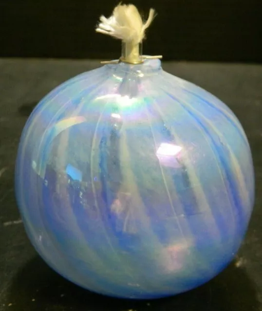 Anton Intaglio Hand Blown White & Blue Stripped Art Glass Oil Lamp / Candle Exc