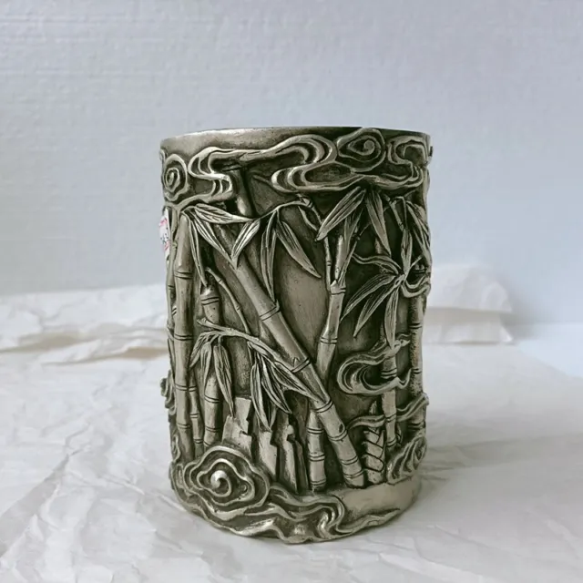 Exqusite Old Chinese Tibet Silver Bamboo joint  handcarved  jar pots Pen holder
