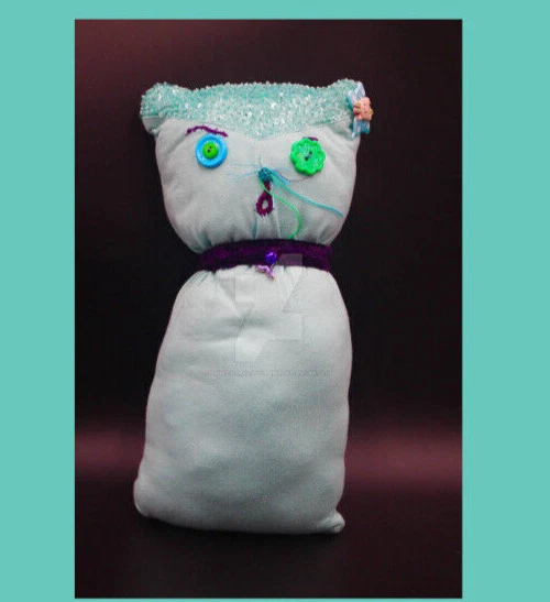"It's Meow or Never" cat Soft Sculpture handmade Art Doll with a charm collar