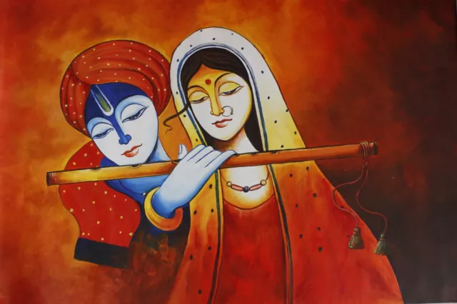 Pintado a Mano Radha Krishna Pintura De Religioso Arte en Lienzo 96.5x63.5cm