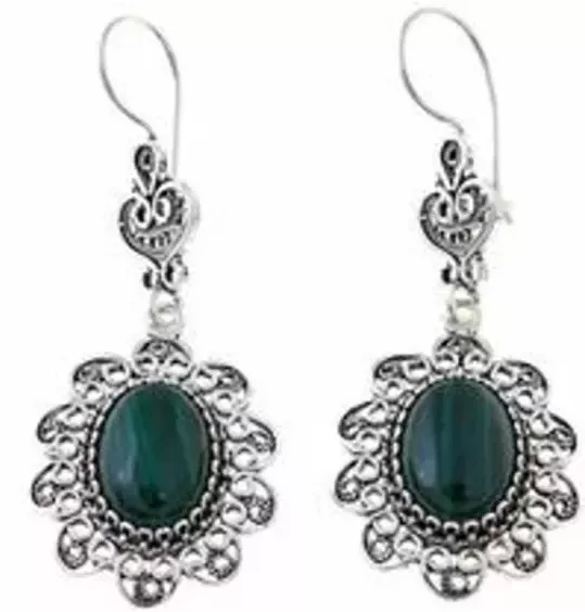 Ottoman Silver Jewelry  Malachite Filigree Flower  Drop Earrigs NWT Retail $90