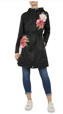 NWT Ted Baker Black Trench Coat with Pink floral, gold hardware sz 0/00 XS Lined