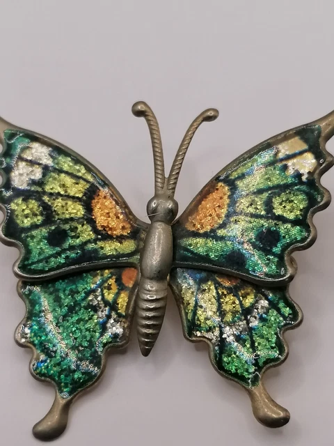 Broche Vintage Ancienne - Papillon En Laiton Repoussé Et Émaillé | Bijou Décoratif D'Occasion