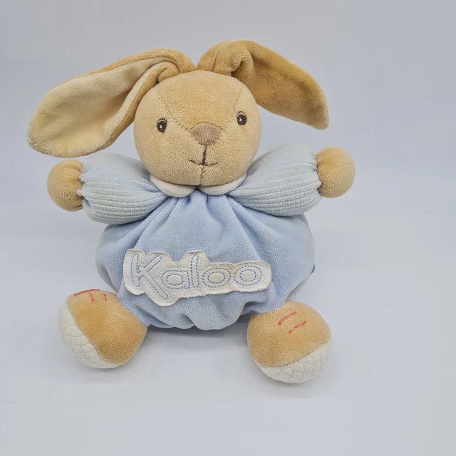 32 - Doudou Peluche Lapin Boule Beige Bleu Blanc Kaloo