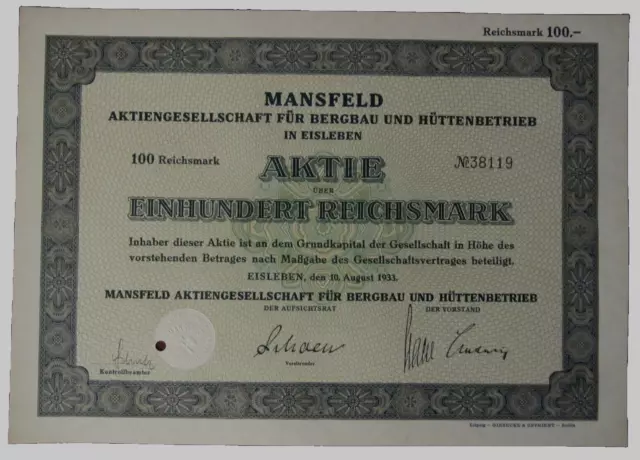 Alte Bergbau - Aktie, Mansfelder Kupferschiefer, 1933, Original, Wanddeko