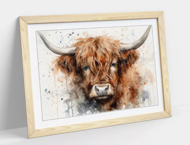 Highland Cow Watercolour Splash Art -Framed Wall Art Poster Paper Print 3