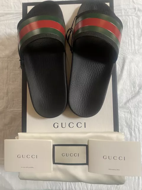 MENS SZ 5UK/6US GUCCI SIGNATURE STRIPE SLIDE SANDALS in BLACK