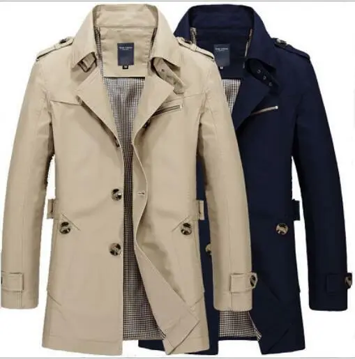 Men Single Breasted Lapel Collar Mid Long Jacket Trench Coat Windbreaker Outwear