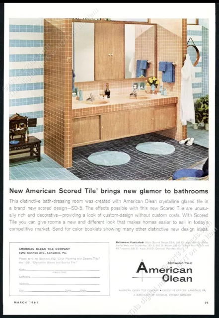 1961 MCM mid century modern house bathroom photo American Olean tile print ad