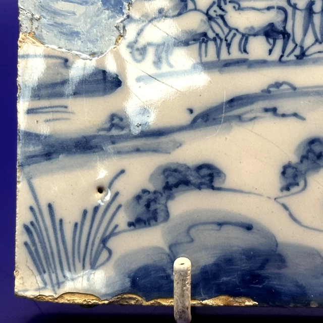 Antique English London Tile With Sheep and Shepherd 18th Century 3