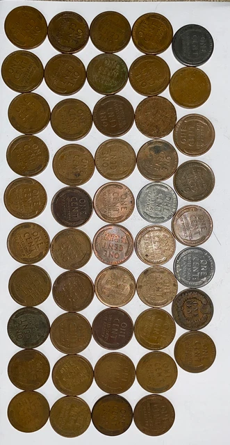 1 US Lincoln Wheat Cent Penny Roll 1943 Steel/1909-P AU/UNC (50 Coins) Vintage 10