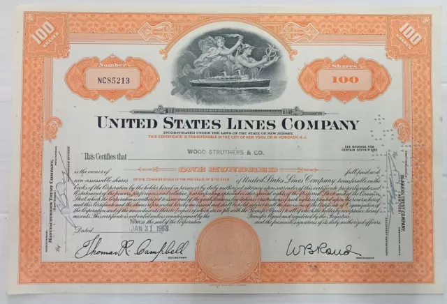 AOP United States Lines Company share certificate for 100 shares