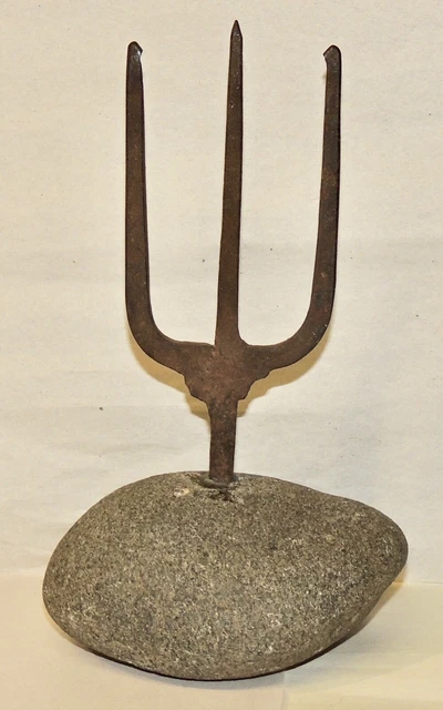 Early Primitive Hand Forged Iron 3 Prong Frog Fish Eel Gig Spear on Rock Base