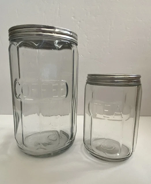 Vtg Hoosier Cabinet Glass Round Ribbed Coffee & Tea Canister Jars Aluminum Lids