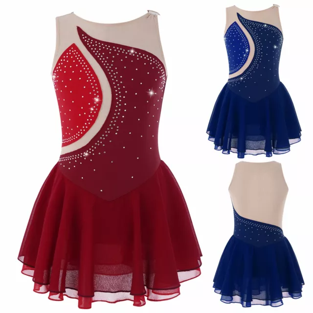 Kids Girls Roller Skating Leotard Dress Rhinestone Dance Ballet Dress Costumes