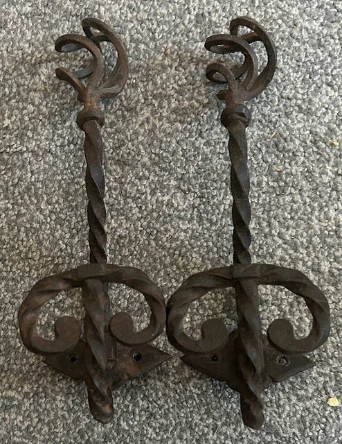 Pair of Antique Hand Forged Decorative Iron Hat and Coat Hooks
