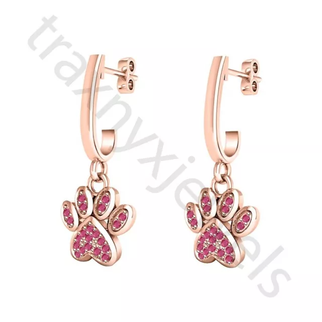 0.50 ctw Lab Created Ruby 14K Rose Gold Over Puppy Dog Paw Print Dangle Earrings 3