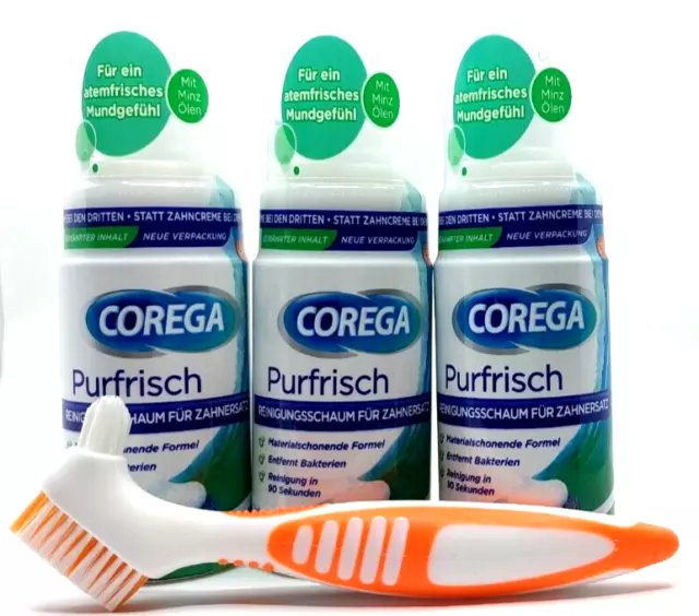 TOP !!! 3x Corega Purfrisch Prothesen Reinigungsschaum 125 ml + Bürste gratis