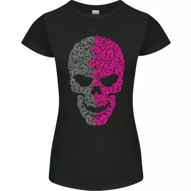 Pink and Grey Skull Pattern Gothic Biker Womens Petite Cut T-Shirt