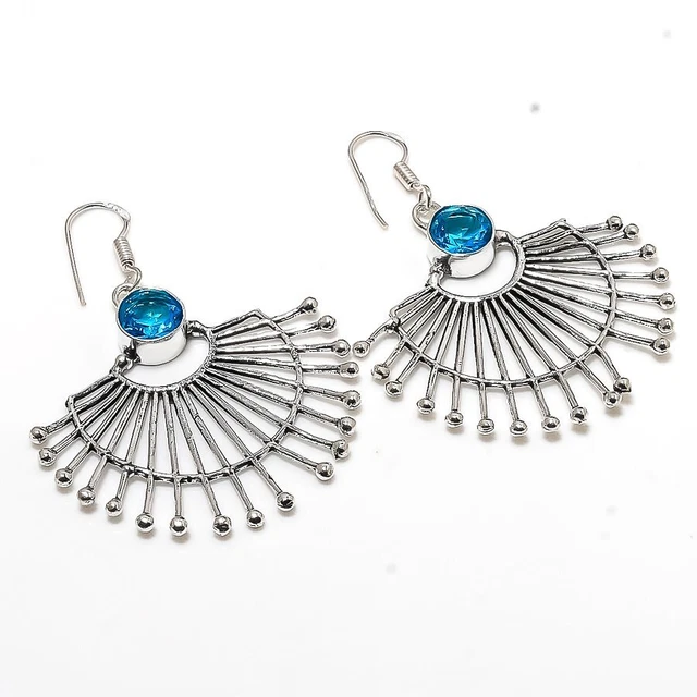 Swiss Blue Topaz Gemstone Handmade Gift Jewelry Earring 2.17" o867