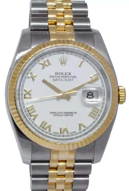 Rolex Datejust 36mm 18K YG/Steel White Roman Dial Jubilee Watch B/P V 116233