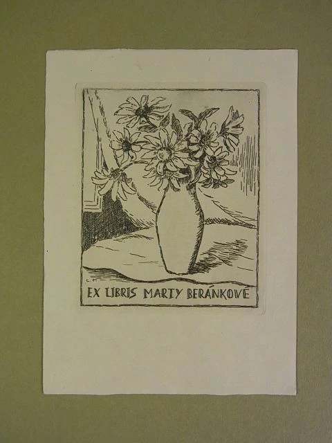 Cyril Mika: Exlibris Marty Beránkové. Motiv: Blumen in Vase. Original-Radierung