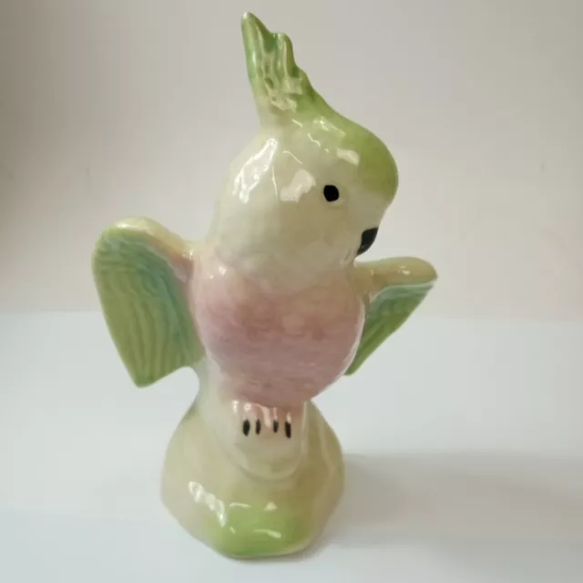 Vintage Glazed Royal Copley Pottery Green & Pink Cockatoo Parrot figurine 7"