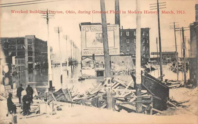 Wrecked Building Dayton Ohio Flood Disaster Electric Car Sign Postcard  (1913)