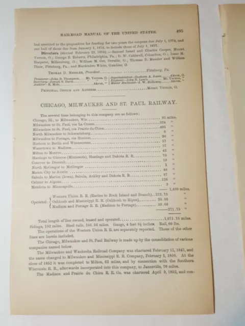 1877 train report CHICAGO MILWAUKEE & ST PAUL RAILROAD Illinois Wisconsin RR