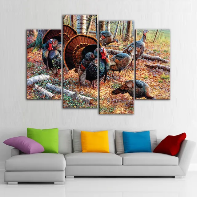Wild Turkey Painting Art Picture 4 Panel Canvas Print Wall Poster Home Decor