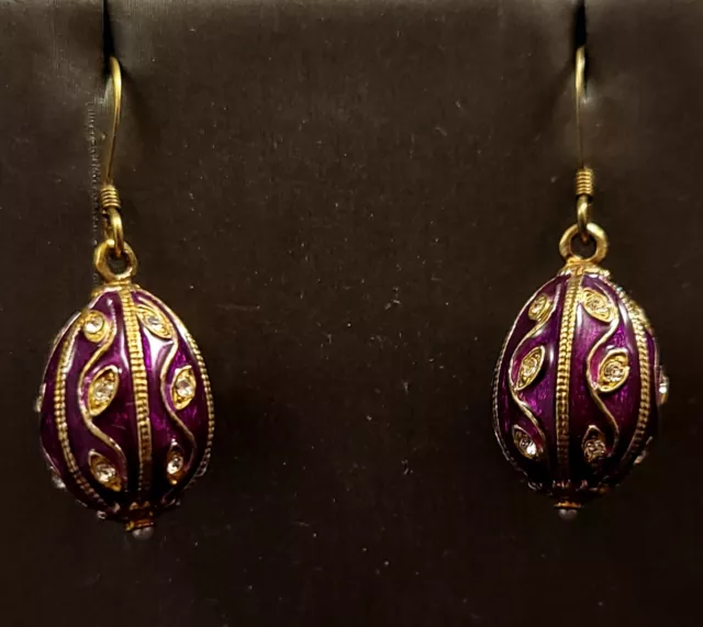Purple Enameled Russian Egg Earrings - Gilt Sterling Silver / Vermeil - In Box