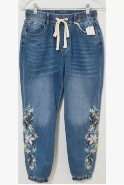 DRIFTWOOD | Coastal Swell Floral Embroidered Denim Joggers Size small