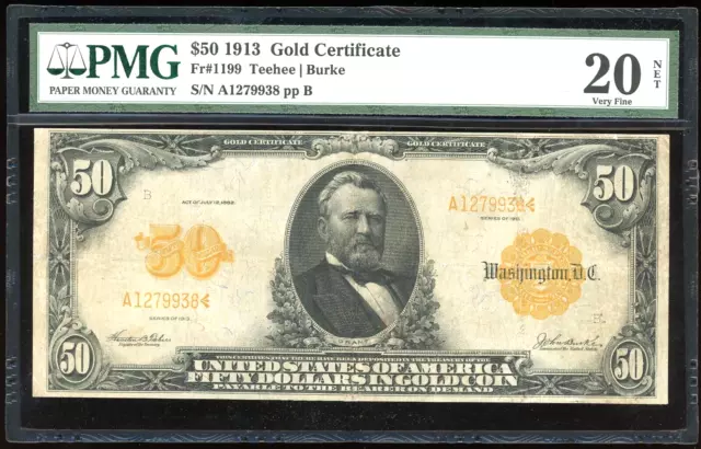 1913 $50 Gold Certificate Bill FR-1199 - Certified PMG 20 Net (Very Fine)