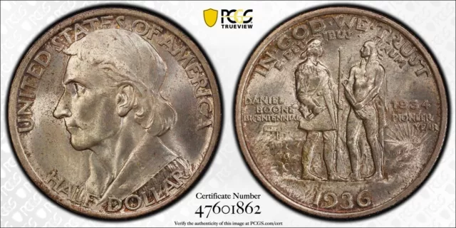 1936 Boone Silver Commemorative Half Dollar Pcgs Ms66 Very Pq!