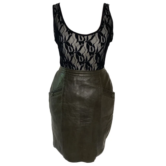 Minigonna vintage anni '90 verde oliva scuro marrone pelle grunge boho festival S 8