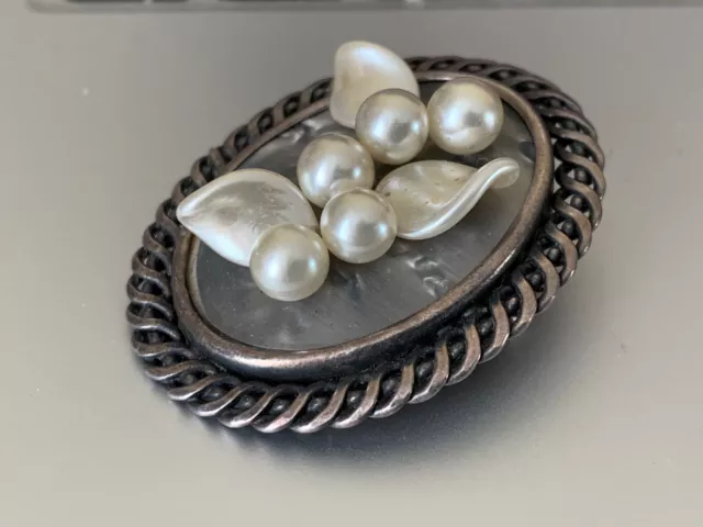 Bello Antico Francese Vittoriano Creator Spilla - Perle su Argento Sfondo