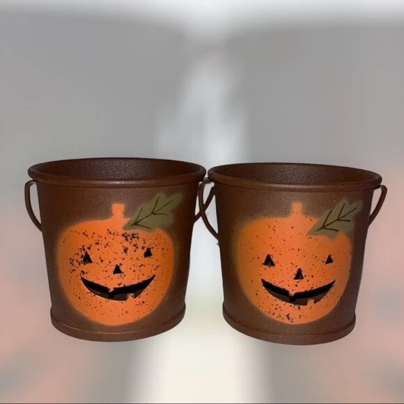 2 Pequeños Metal Decorativo Jack-o-lantern Cubo Cubo Caras Recortadas Decoración Dealight