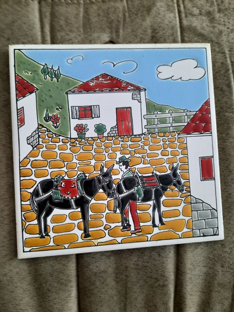 Vintage Trivet Tile Greece Donkey Countryside, Hand Made by Knossos Ltd, 6"x6"