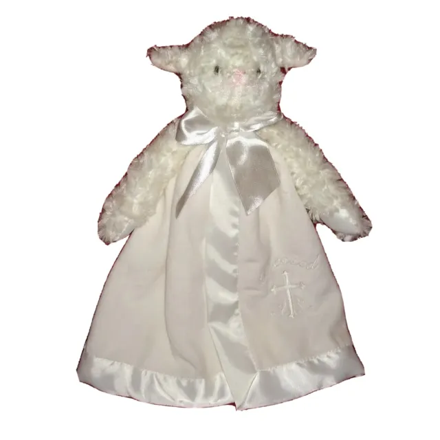 Bearington Baby Lamb BLESSED White Plush Security Blanket Cross White Bow Trim