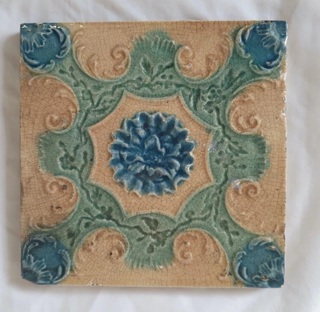 Charming Antique English Majolica 6 Inch Tile. Circa 19Th Century.