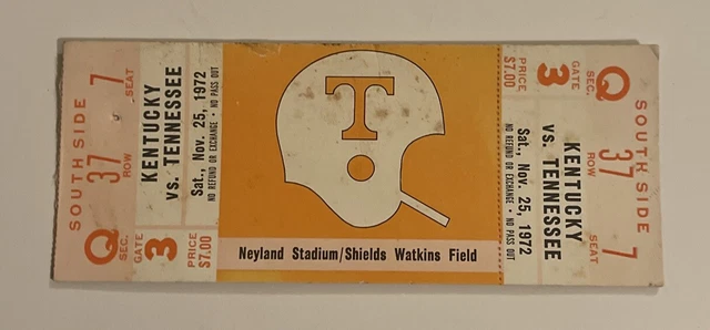 1972 Tennessee Volunteers Versus Kentucky Wildcats Full Football Ticket
