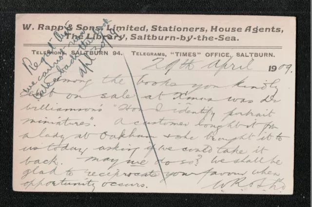 W Rapp & Sons Ltd Stationers Saltburn By The Sea 1909 Postcard ~ Yorkshire