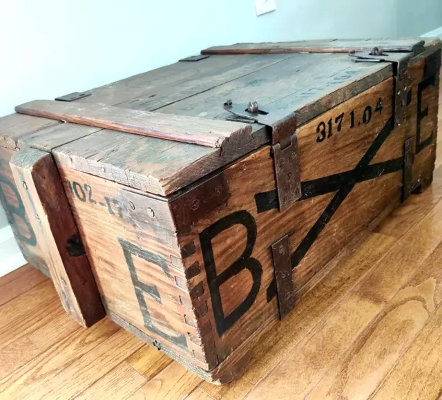 Antique Cannon Projectile Ammunition Dovetailed Wood Wooden Crate Box W/Wrought