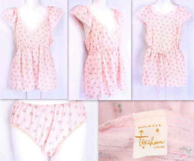 Vintage 70s Texsheen 2pc Set Pink Floral Lace Lingerie Babydoll Nightie