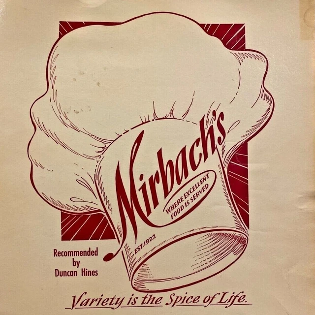 1960S MIRBACH'S RESTAURANT Menu Duncan Hines Butternut Street Syracuse