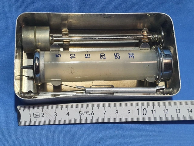 Original RECORD Veterinärmedizinisches Metall Glaskolben spritze mit Alukasten 3