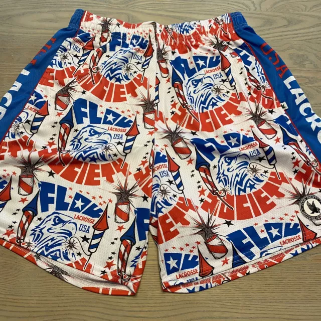 Flow Society USA Shorts Mens XL Lacrosse Red White Blue Fireworks Eagle America