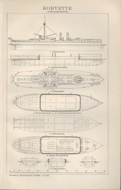 Lithografie 1894: Korvette. Ozean Marine Panzer Schiff-Fahrt Kanone Mast Deck