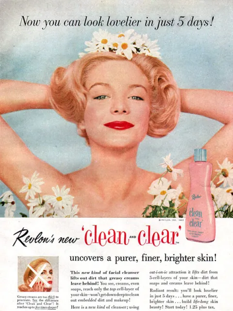 Revlon Clean and Clear BLOND MODEL W/ DAISIES Look Lovelier 1957 Magazine Ad